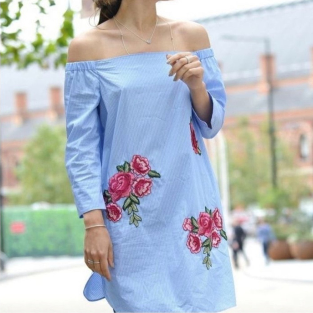 Zara Sky Blue White Stripe Off Shoulder Floral Rose Embroidery Poplin Mini Dress